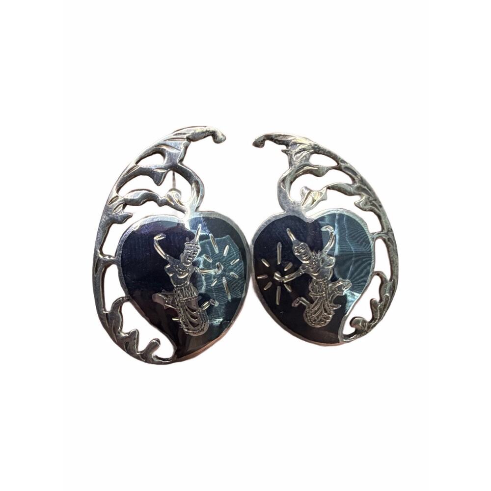 Siam Neillo Sterling Enamel Thai Dancers Earrings, 1950s Screwback
